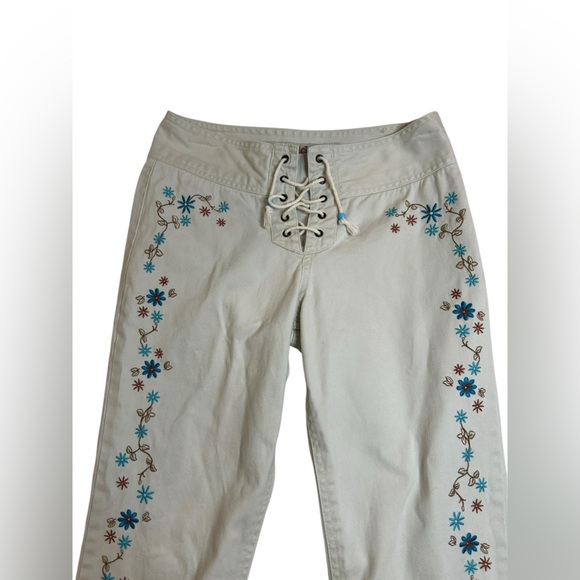 Y2K Festival Fairy Mudd Lace-Up Low Rise Floral Embroidered Flare Jeans Vintage - Picture 4 of 16
